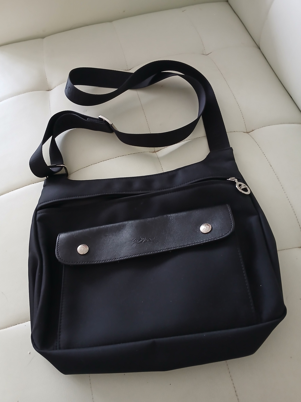 Longchamp Black Crossbody with Silver Circle Logo Charm